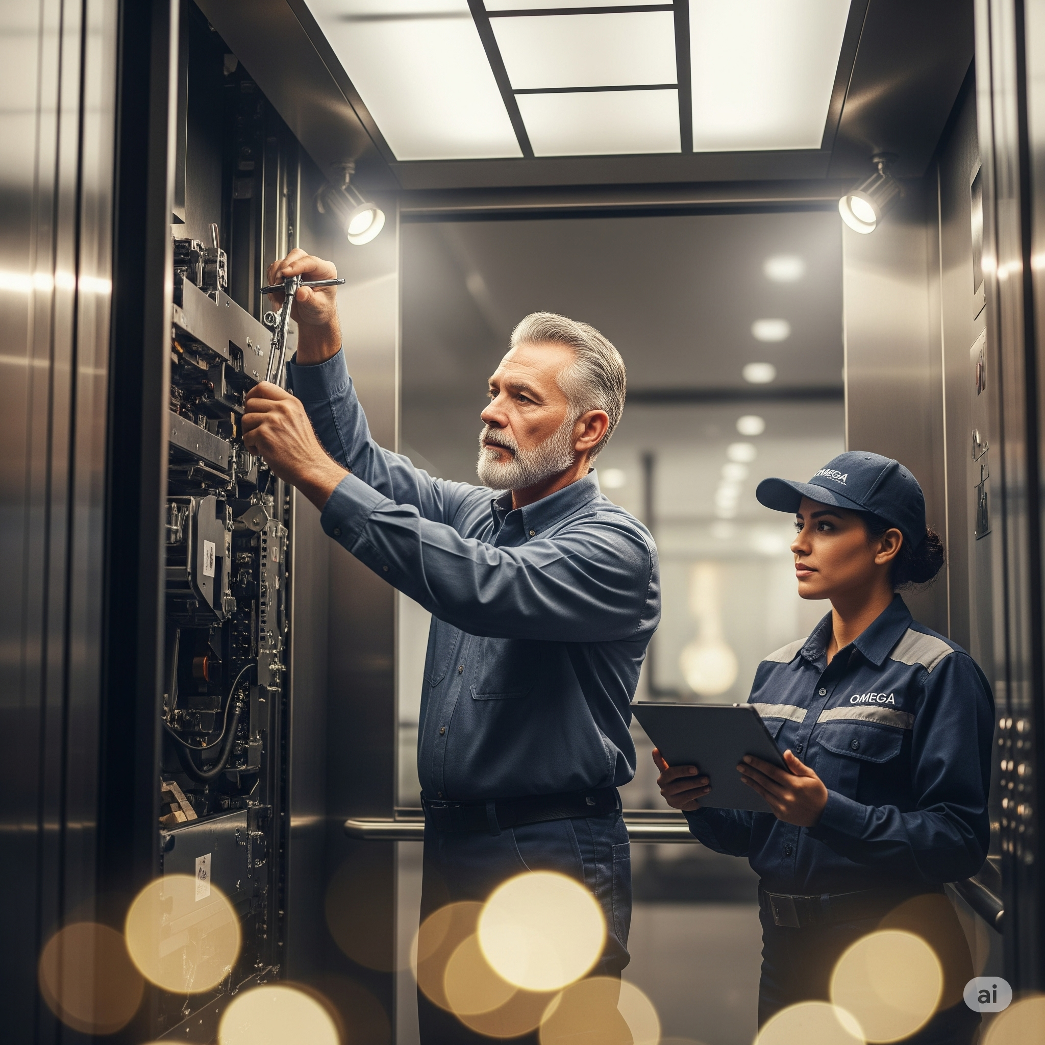 Equipe da Omega Elevadores realizando manutenção